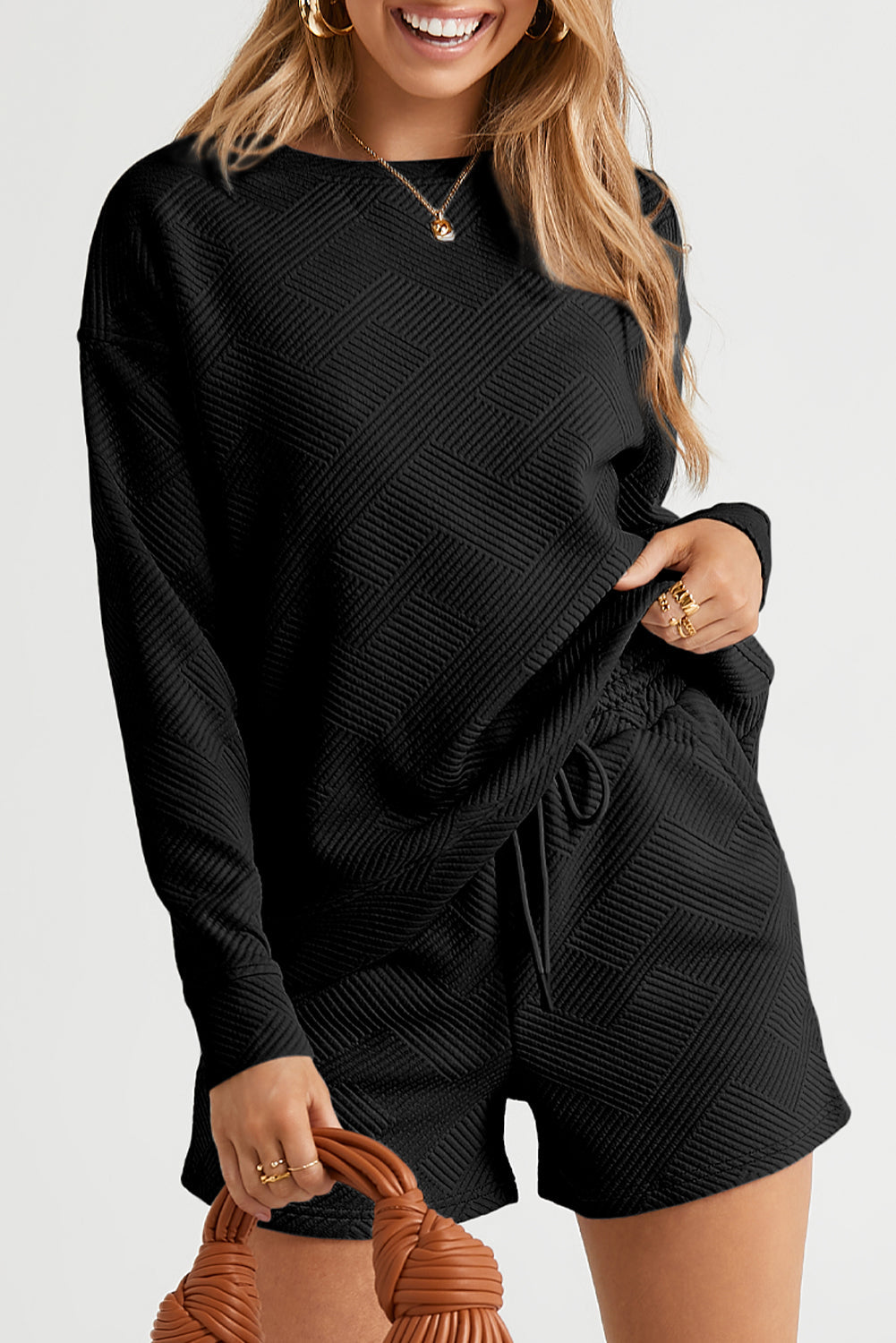 Navy Blue Textured Long Sleeve Top and Drawstring Shorts Set - BLACK / S / 95% POLYESTER + 5% ELASTANE - Two Piece