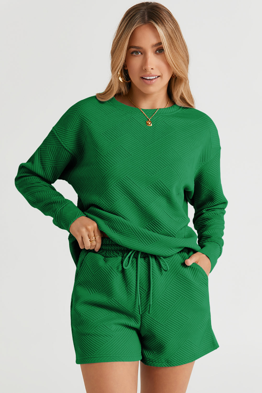 Navy Blue Textured Long Sleeve Top and Drawstring Shorts Set - Two Piece Sets/Short Sets