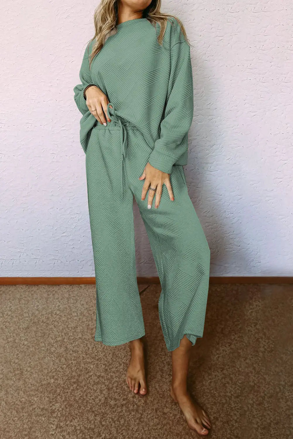 Navy Blue Textured Loose Slouchy Long Sleeve Top and Trousers Set - eAura