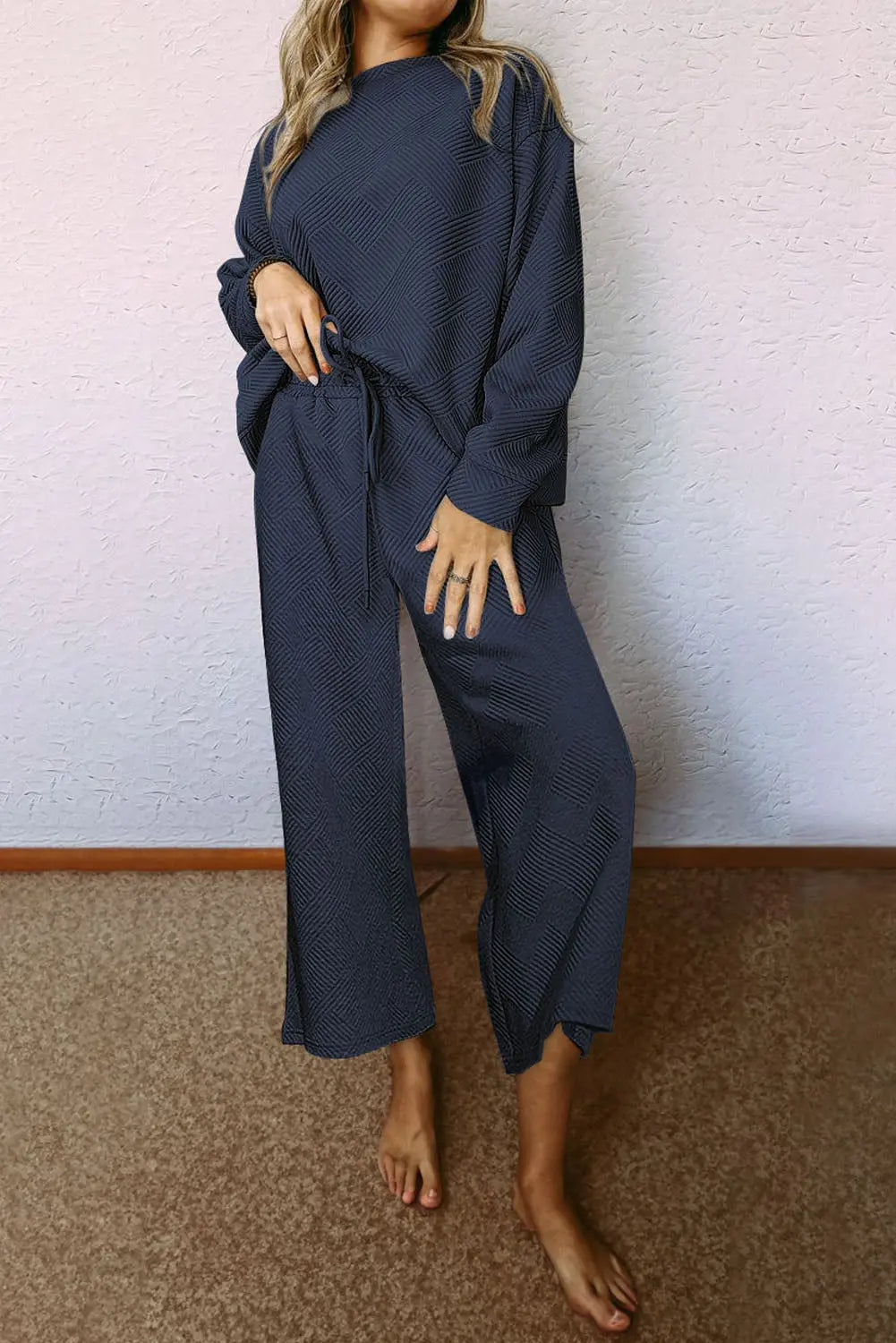 Navy Blue Textured Loose Slouchy Long Sleeve Top and Trousers Set - eAura