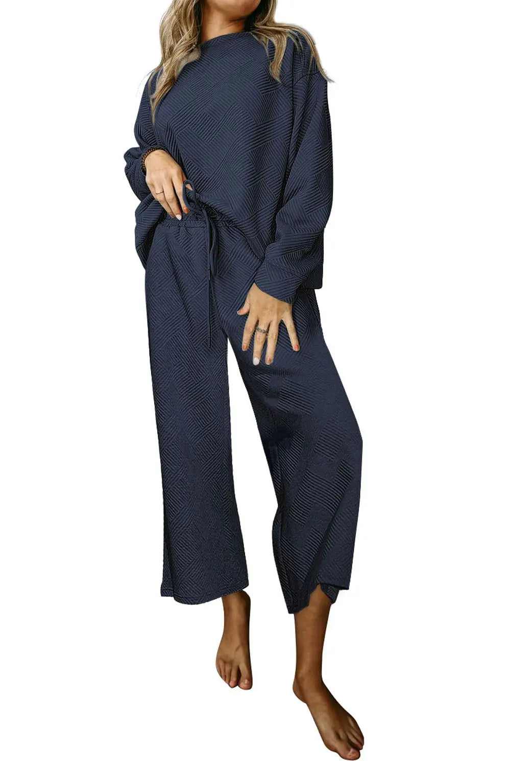 Navy Blue Textured Loose Slouchy Long Sleeve Top and Trousers Set - eAura