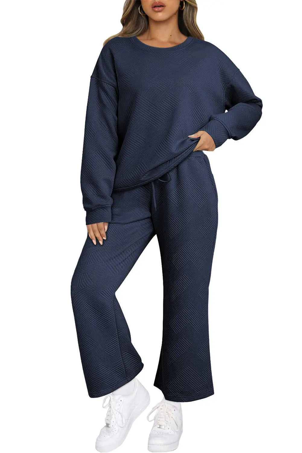 Navy Blue Textured Loose Slouchy Long Sleeve Top and Trousers Set - eAura