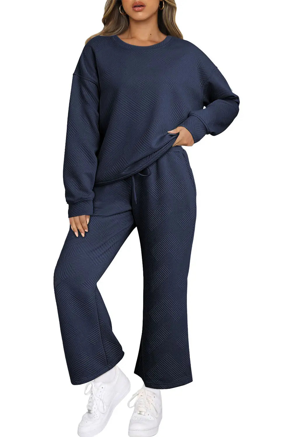 Navy Blue Textured Loose Slouchy Long Sleeve Top and Trousers Set - eAura