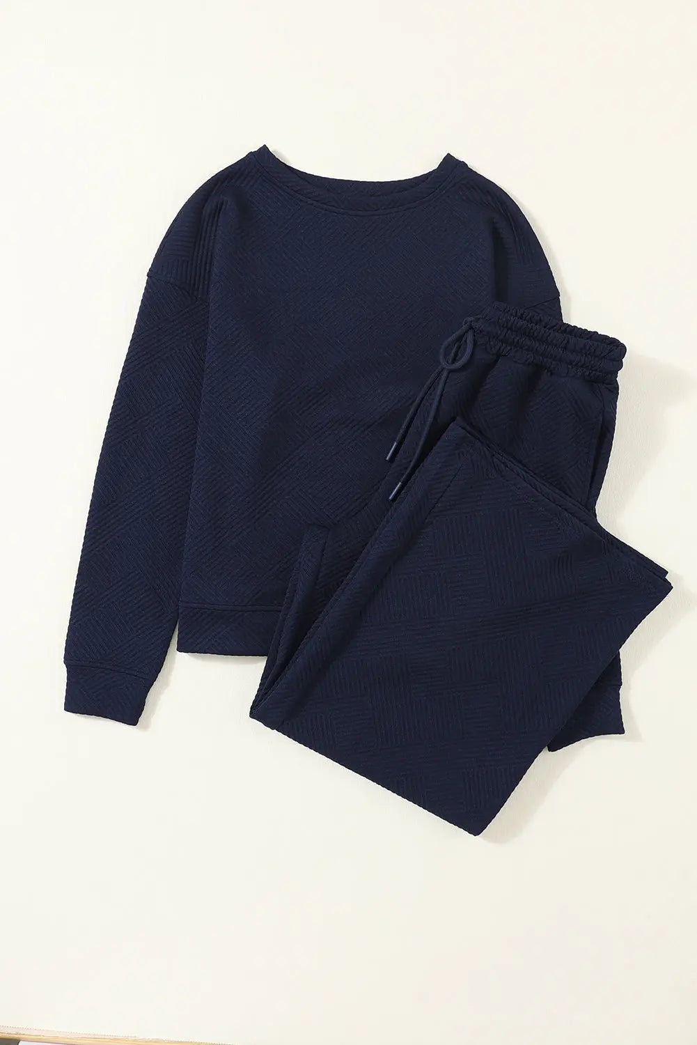 Navy Blue Textured Loose Slouchy Long Sleeve Top and Trousers Set - eAura