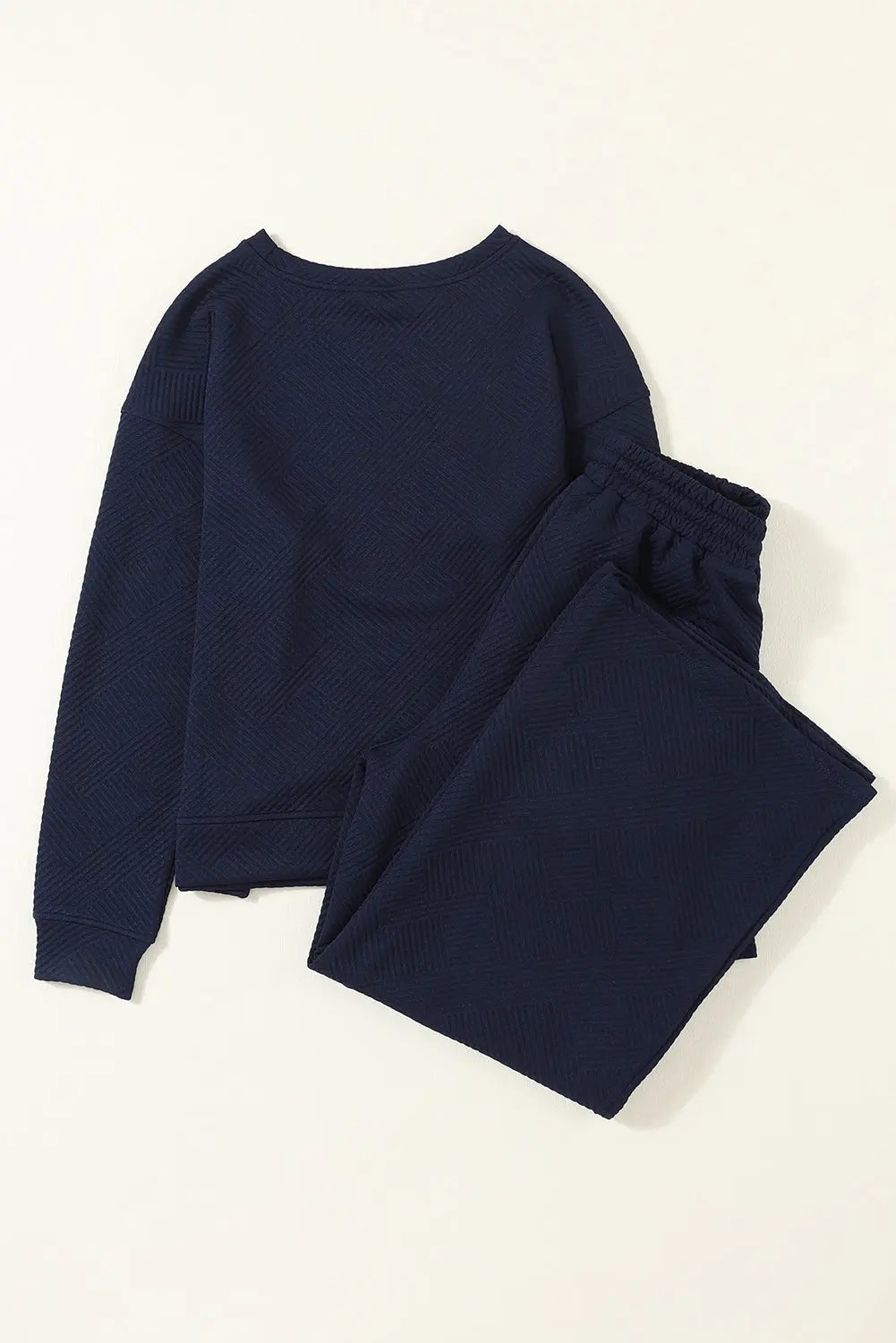 Navy Blue Textured Loose Slouchy Long Sleeve Top and Trousers Set - eAura