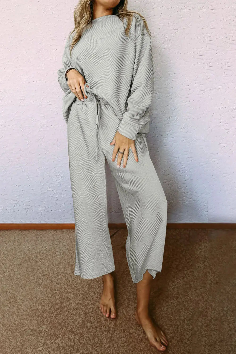 Navy Blue Textured Loose Slouchy Long Sleeve Top and Trousers Set - eAura