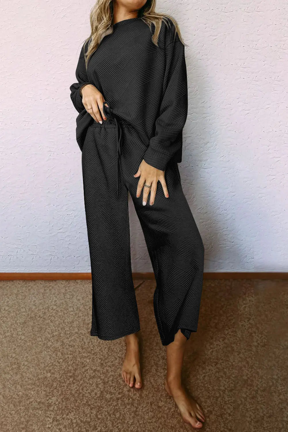Navy Blue Textured Loose Slouchy Long Sleeve Top and Trousers Set - eAura