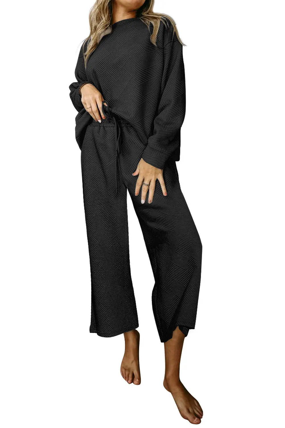 Navy Blue Textured Loose Slouchy Long Sleeve Top and Trousers Set - eAura