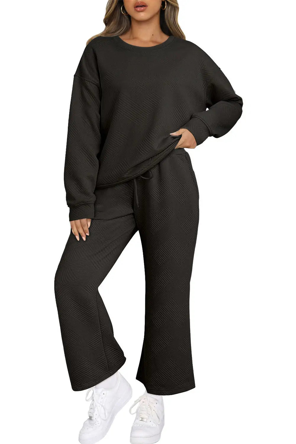 Navy Blue Textured Loose Slouchy Long Sleeve Top and Trousers Set - eAura