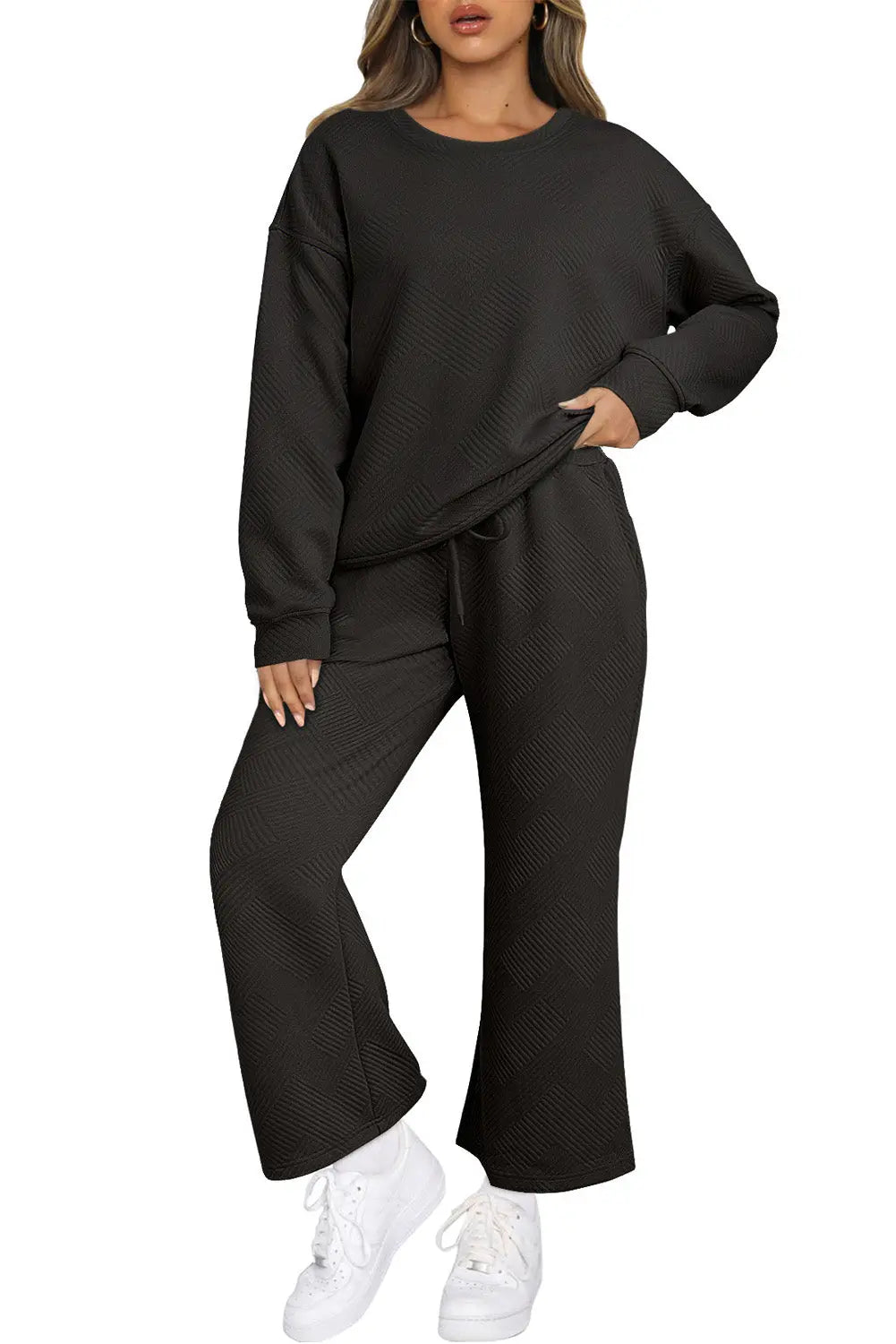 Navy Blue Textured Loose Slouchy Long Sleeve Top and Trousers Set - eAura