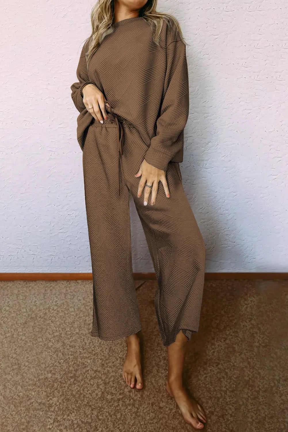 Navy Blue Textured Loose Slouchy Long Sleeve Top and Trousers Set - eAura