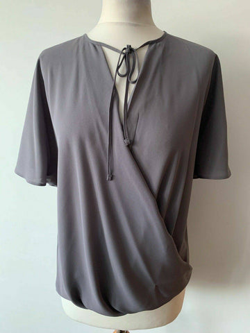 New Look Grey Tie Neck Wrap Blouse Size 8 Draped Short Sleeves - BB Fashion Outlet
