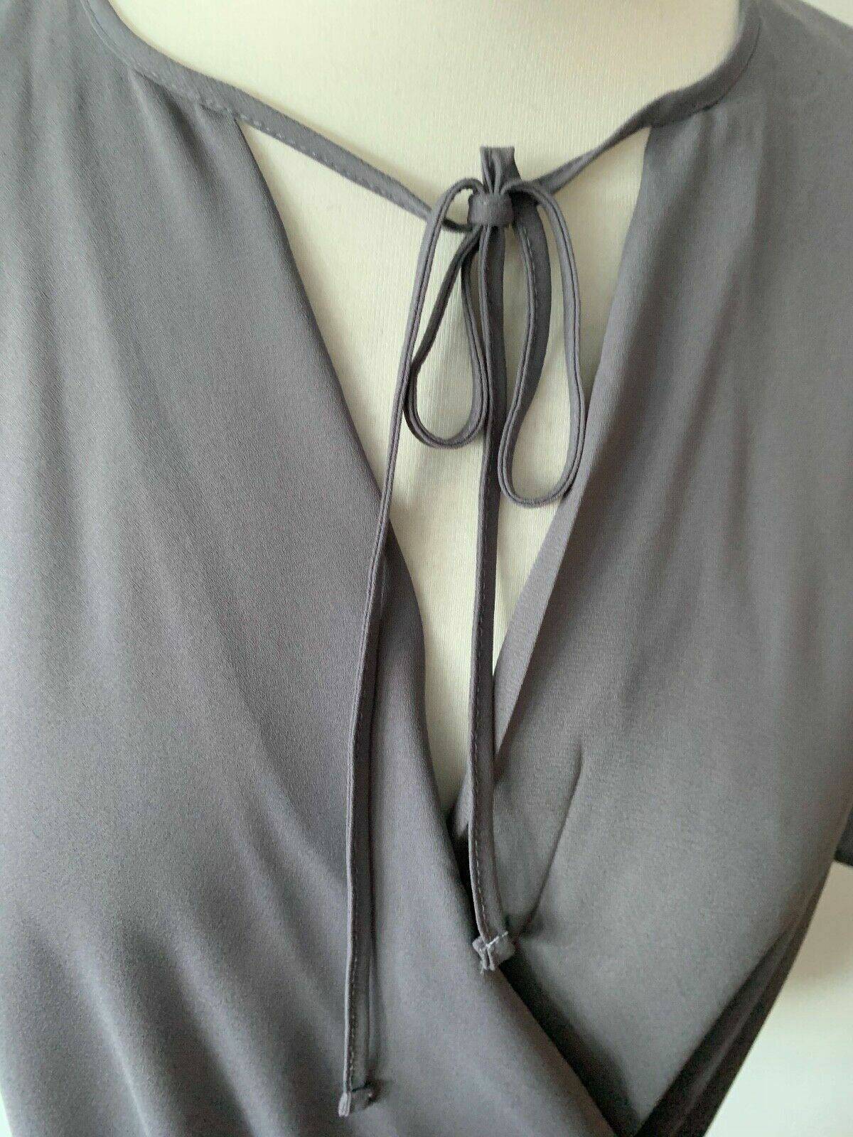 New Look Grey Tie Neck Wrap Blouse Size 8 Draped Short Sleeves - BB Fashion Outlet