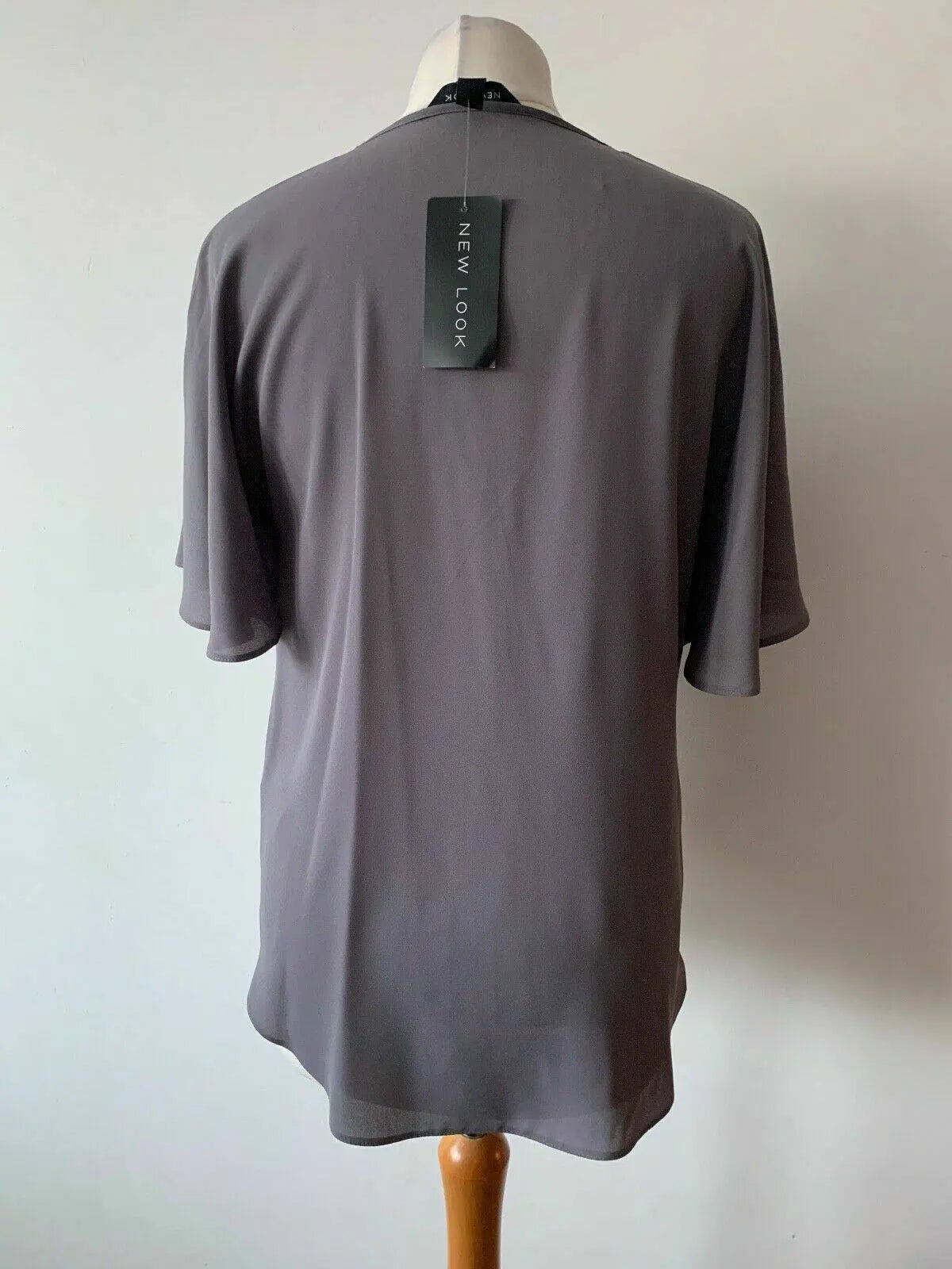 New Look Grey Tie Neck Wrap Blouse Size 8 Draped Short Sleeves - BB Fashion Outlet