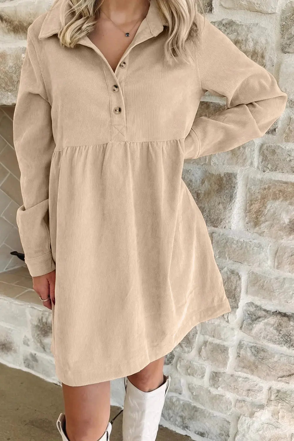 Oatmeal Corduroy Half Button Collared Long Sleeve Mini Dress Dear-Lover Dropshipping