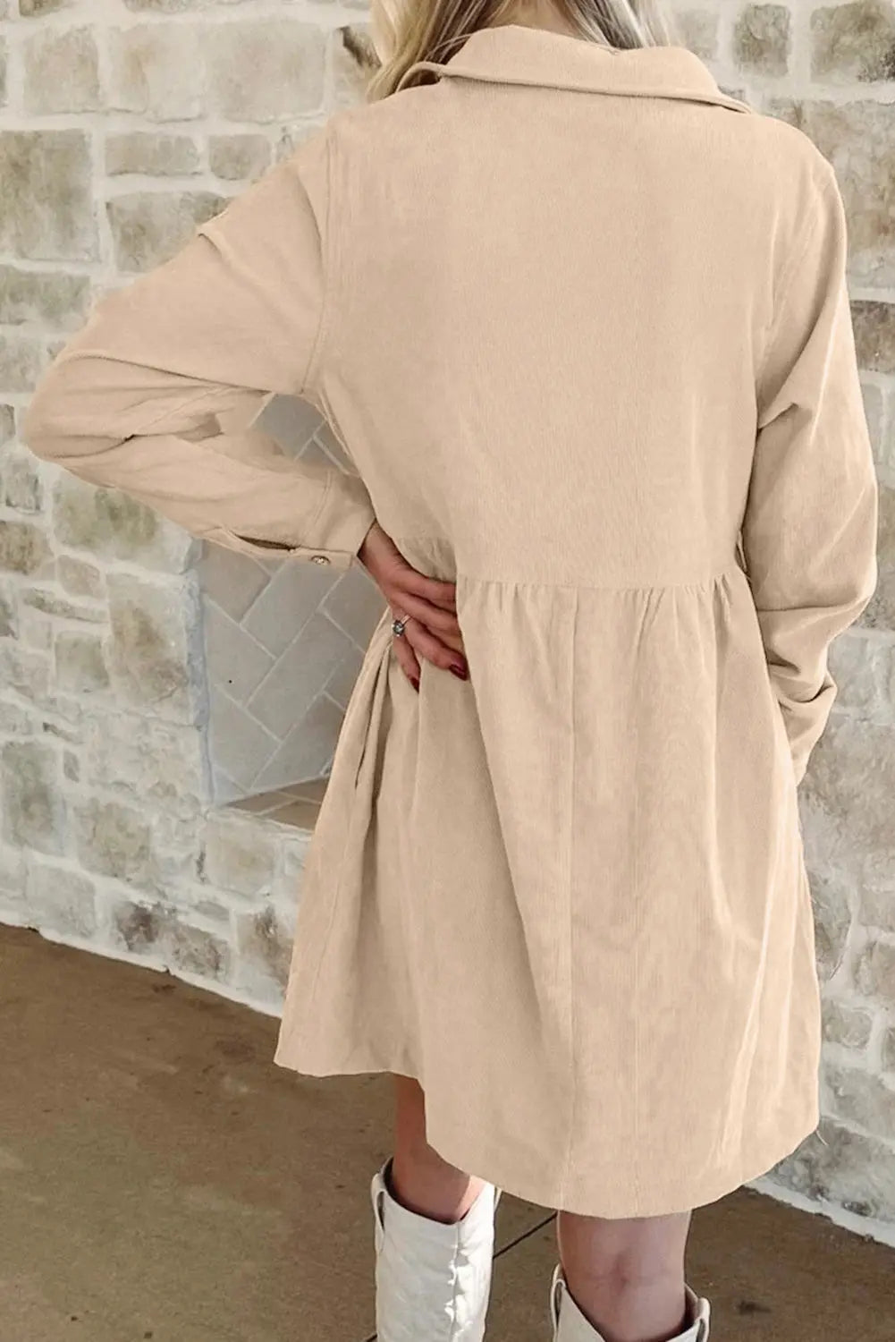Oatmeal Corduroy Half Button Collared Long Sleeve Mini Dress Dear-Lover Dropshipping