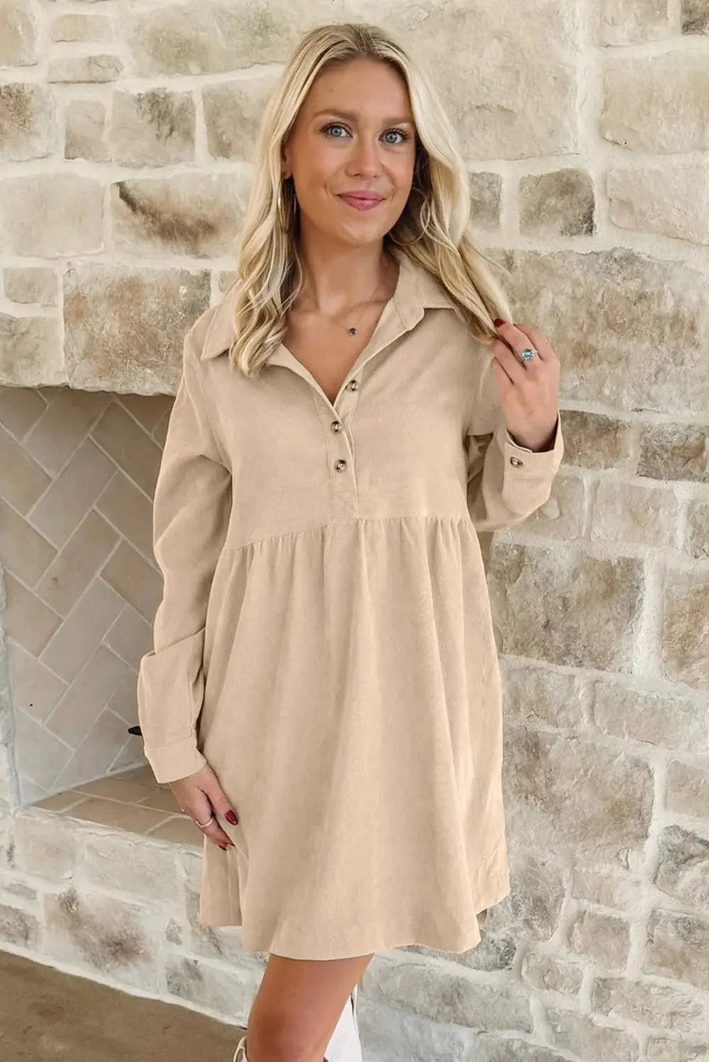 Oatmeal Corduroy Half Button Collared Long Sleeve Mini Dress Dear-Lover Dropshipping