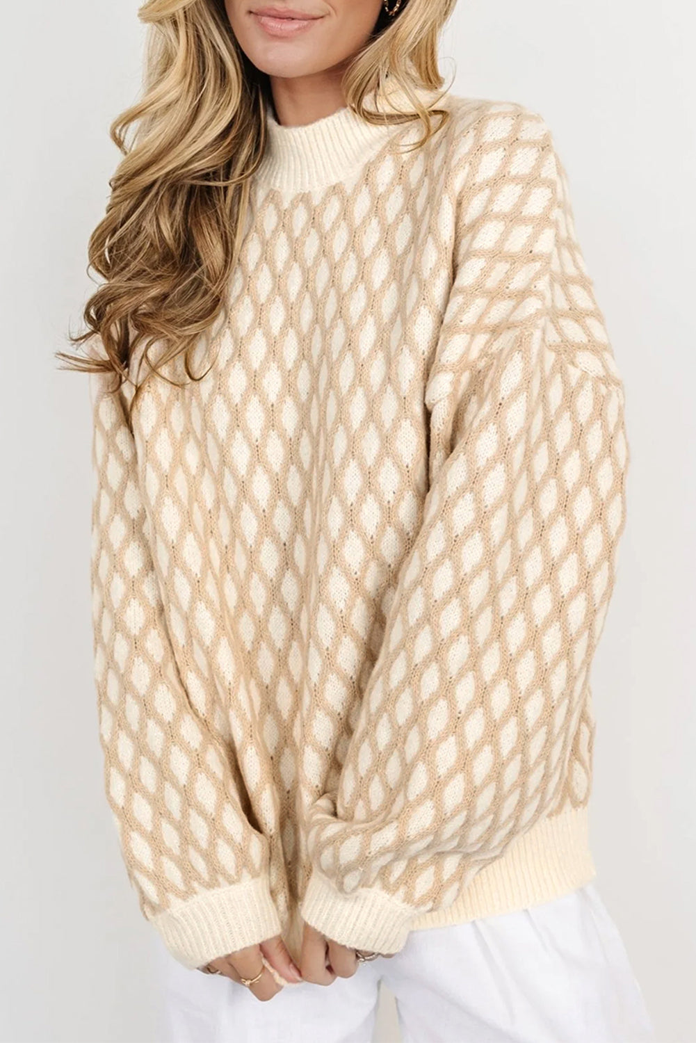Oatmeal Diamond Knit Drop Shoulder Loose Sweater - OATMEAL / S / 42% ACRYLIC + 30% POLYESTER + 28% POLYAMIDE - Sweaters