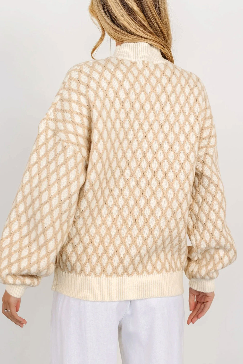 Oatmeal Diamond Knit Drop Shoulder Loose Sweater - Sweaters & Cardigans/Sweaters