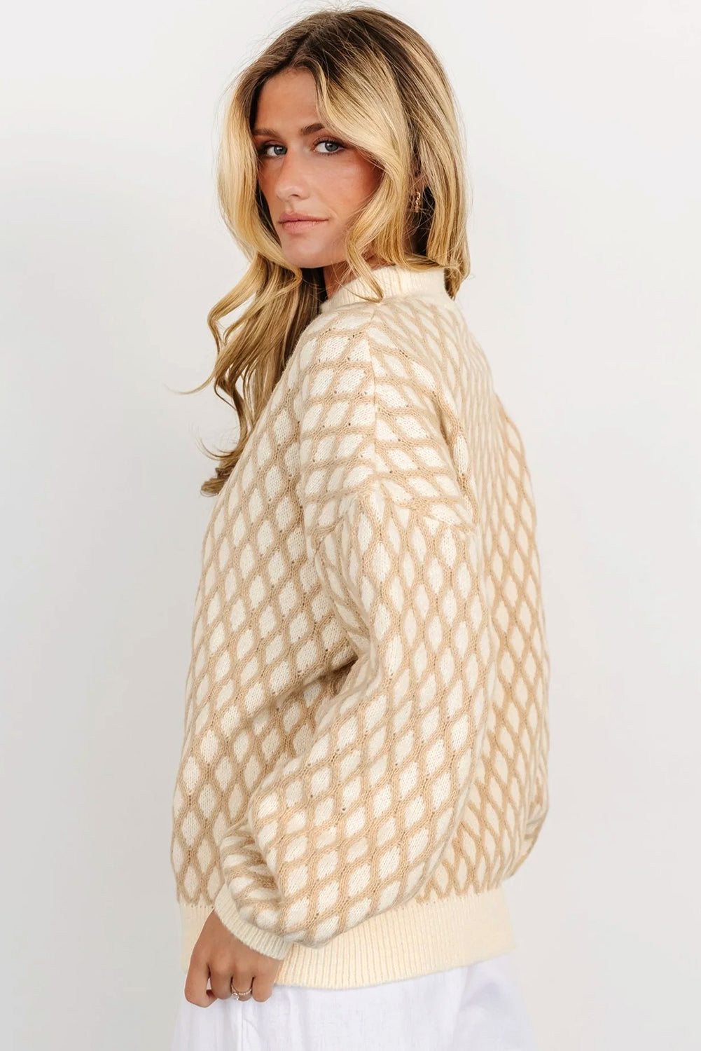 Oatmeal Diamond Knit Drop Shoulder Loose Sweater - Sweaters & Cardigans/Sweaters
