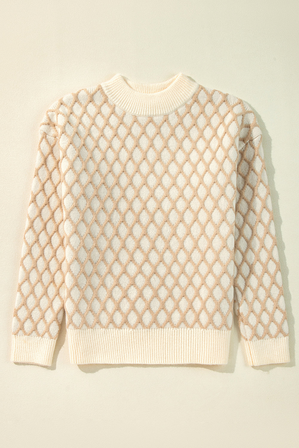 Oatmeal Diamond Knit Drop Shoulder Loose Sweater - Sweaters & Cardigans/Sweaters