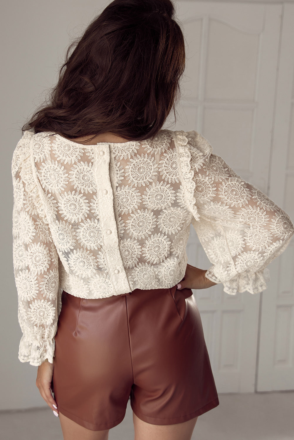 Oatmeal Flower Jacquard Button Back Ruffled 3/4 Sleeve Blouse - eAura