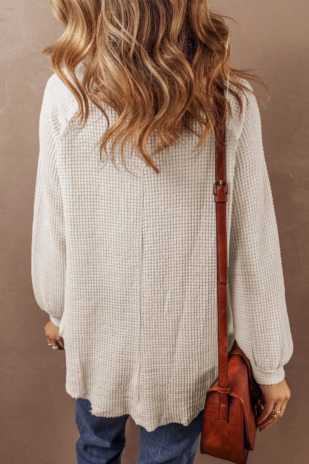 Oatmeal Waffle Knit Buttoned Front Raglan Sleeve Loose Blouse Beagle Boutique Fashion Outlet