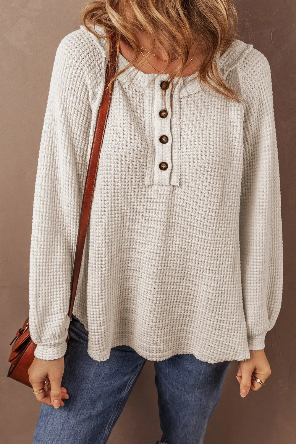 Oatmeal Waffle Knit Buttoned Front Raglan Sleeve Loose Blouse Beagle Boutique Fashion Outlet