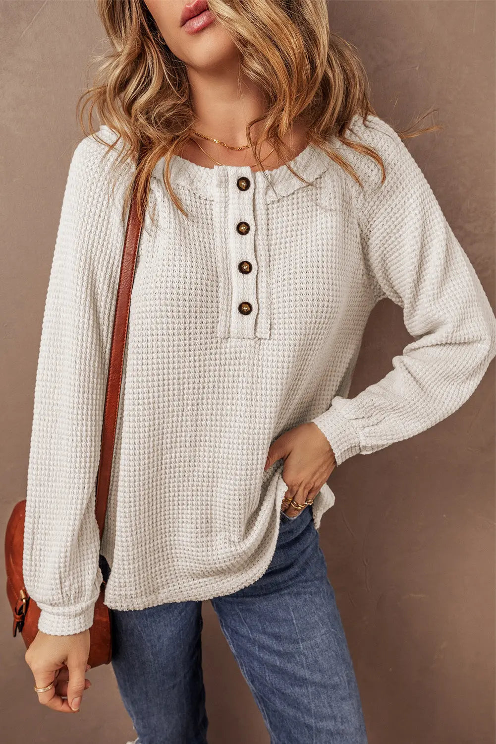 Oatmeal Waffle Knit Buttoned Front Raglan Sleeve Loose Blouse Beagle Boutique Fashion Outlet