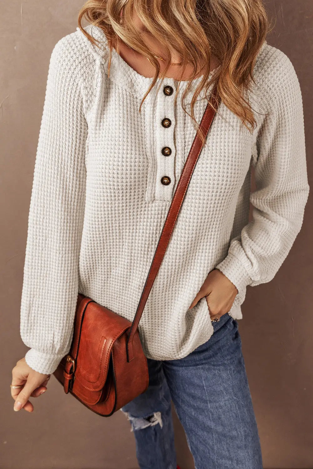 Oatmeal Waffle Knit Buttoned Front Raglan Sleeve Loose Blouse Beagle Boutique Fashion Outlet