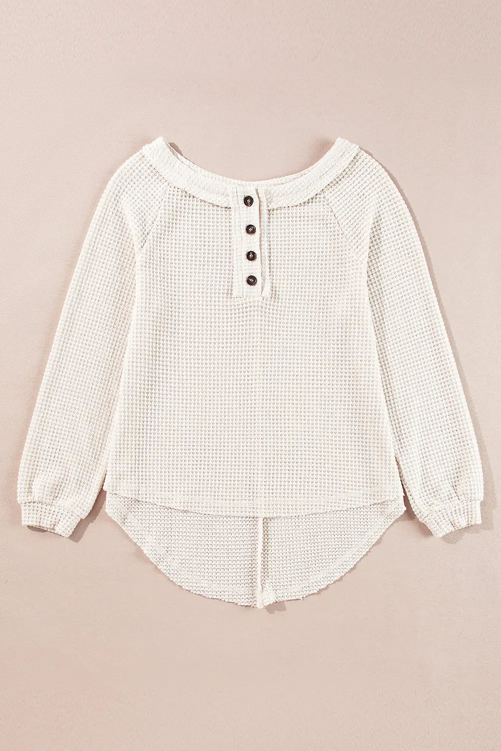 Oatmeal Waffle Knit Buttoned Front Raglan Sleeve Loose Blouse Beagle Boutique Fashion Outlet