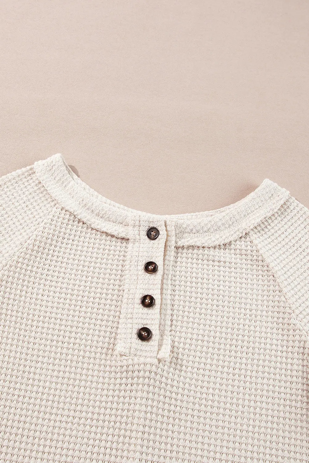 Oatmeal Waffle Knit Buttoned Front Raglan Sleeve Loose Blouse Beagle Boutique Fashion Outlet