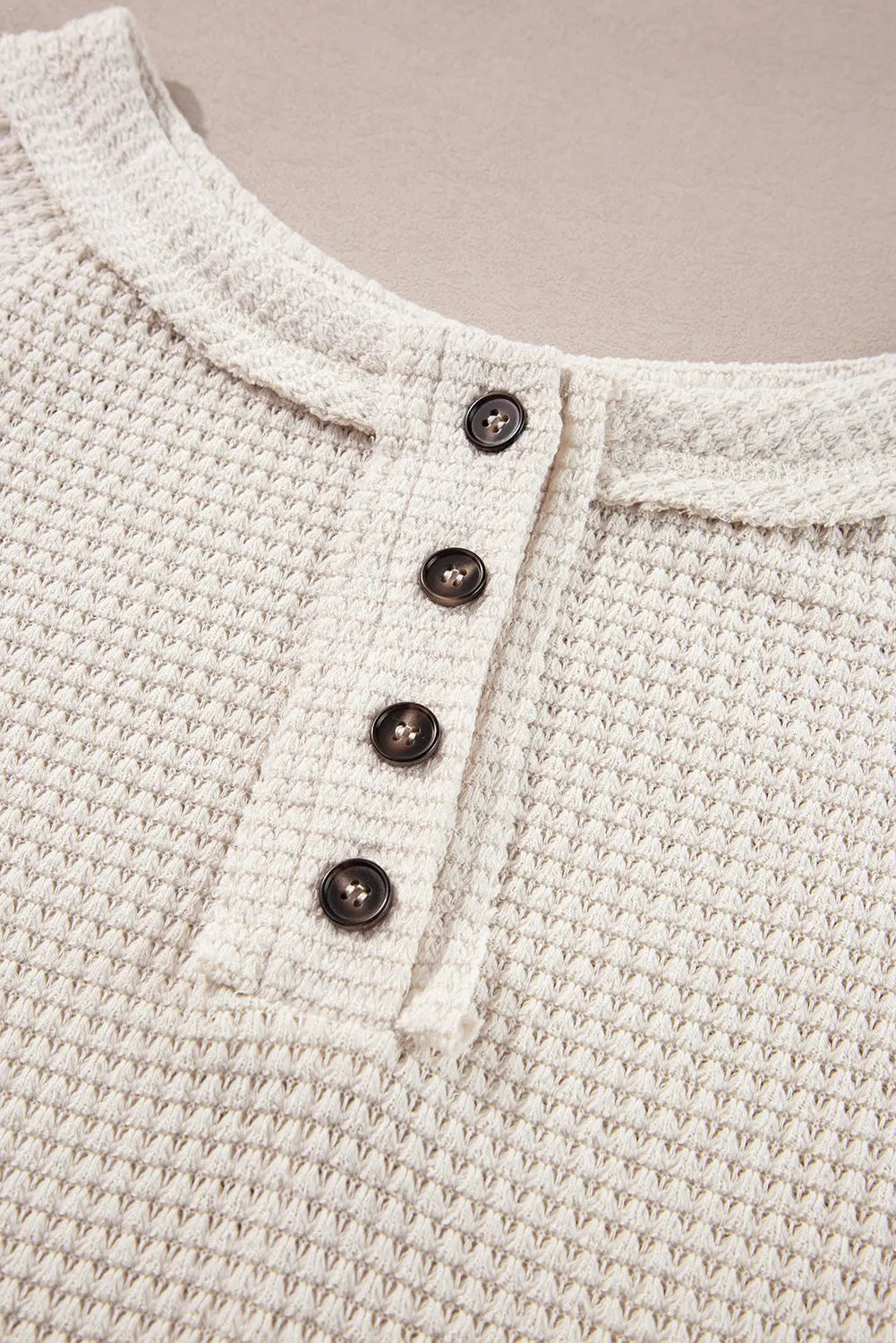 Oatmeal Waffle Knit Buttoned Front Raglan Sleeve Loose Blouse Beagle Boutique Fashion Outlet