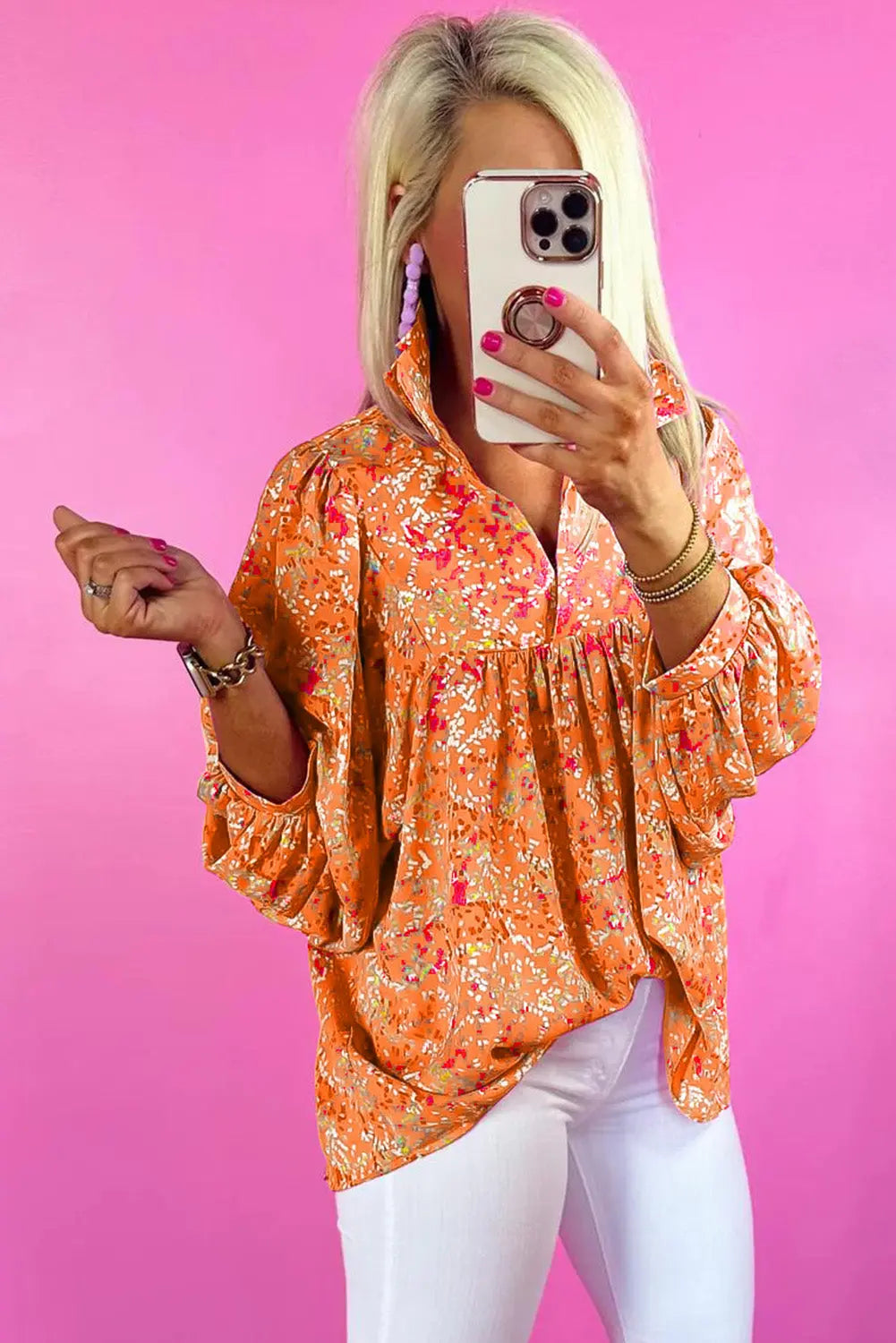 Orange Abstract Print Collared V Neck Babydoll Blouse Beagle Boutique Fashion Outlet