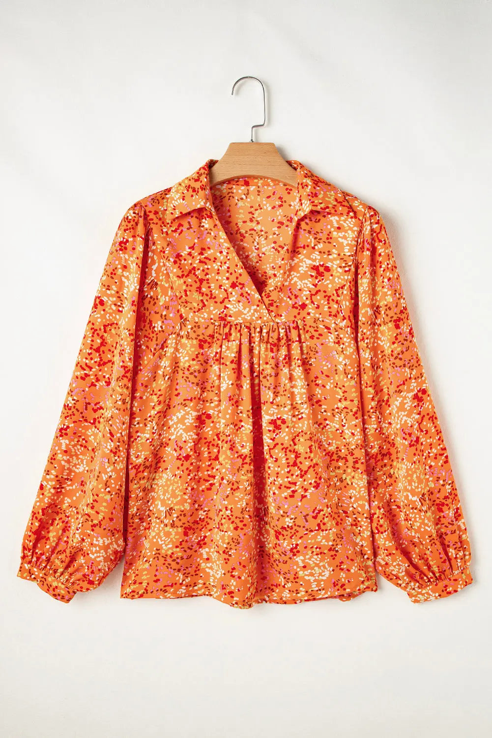 Orange Abstract Print Collared V Neck Babydoll Blouse Beagle Boutique Fashion Outlet