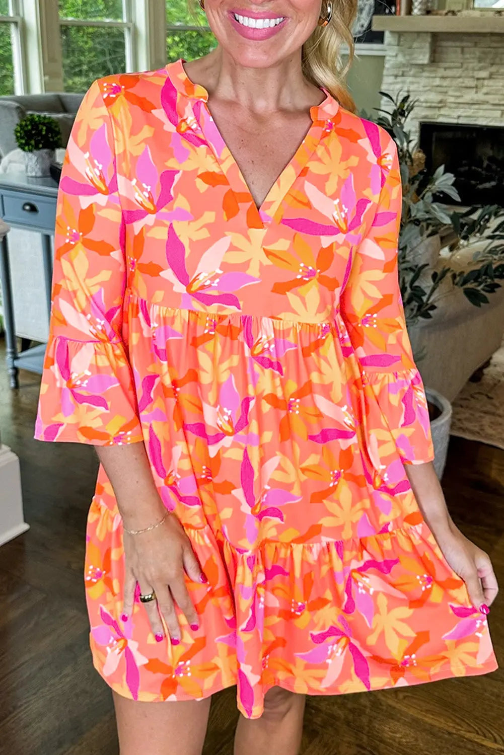 Orange Abstract Print Ruffled Sleeve V Neck Dress - eAura