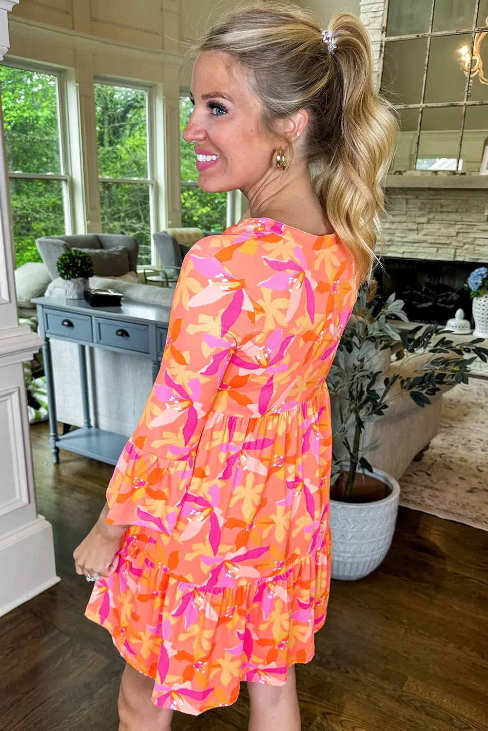 Orange Abstract Print Ruffled Sleeve V Neck Dress - eAura