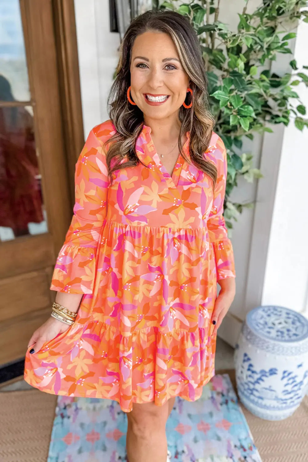 Orange Abstract Print Ruffled Sleeve V Neck Dress - eAura