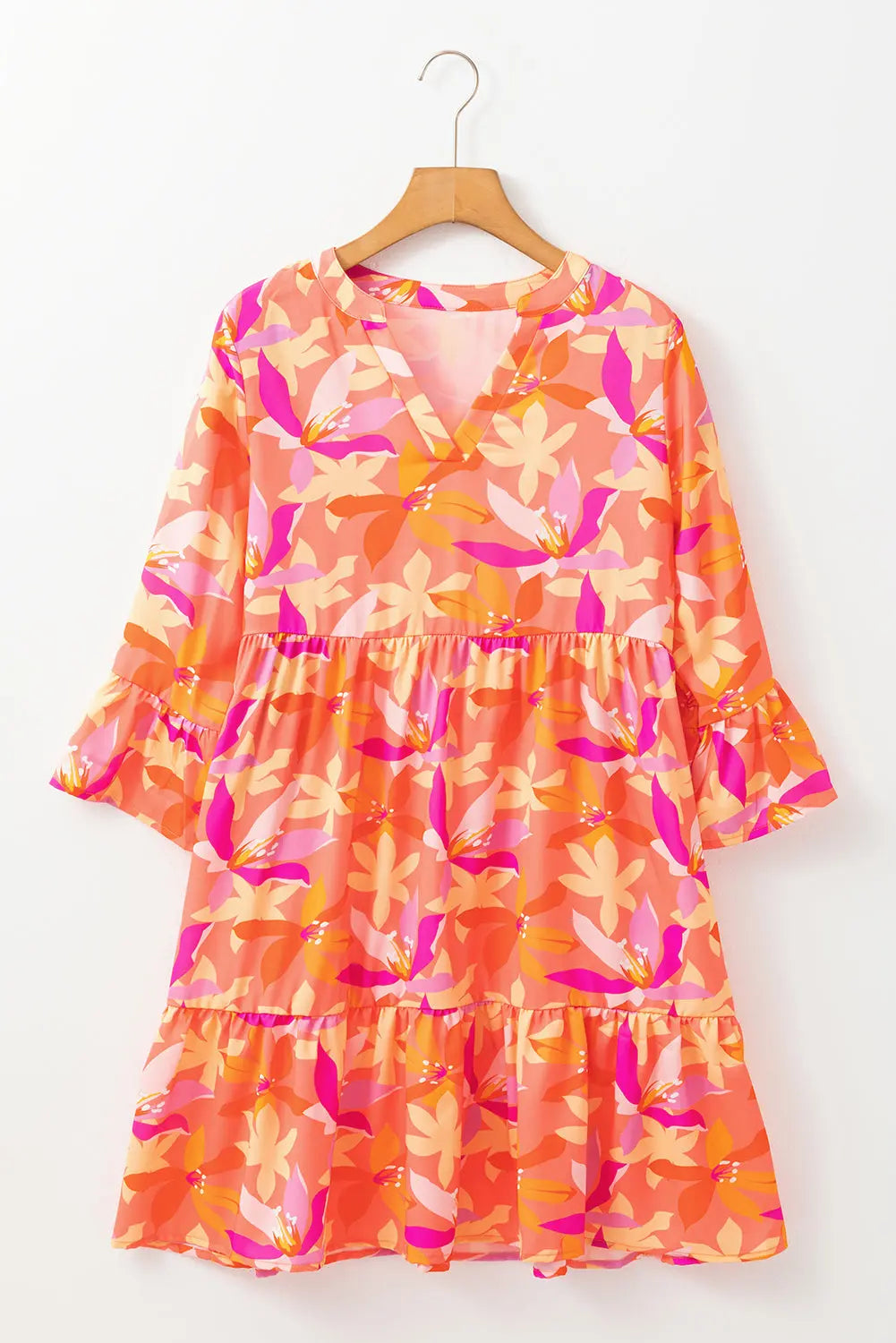 Orange Abstract Print Ruffled Sleeve V Neck Dress - eAura