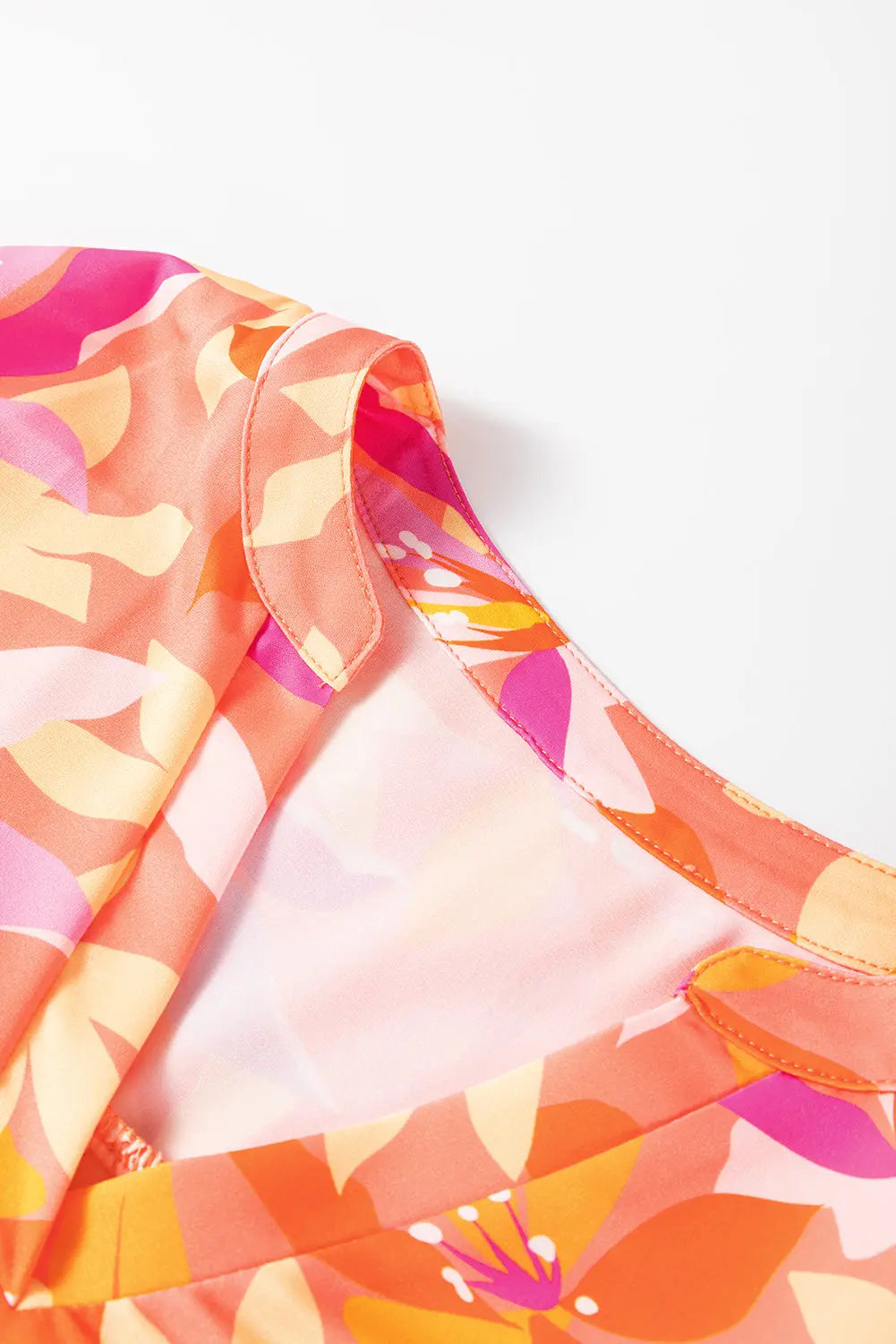 Orange Abstract Print Ruffled Sleeve V Neck Dress - eAura