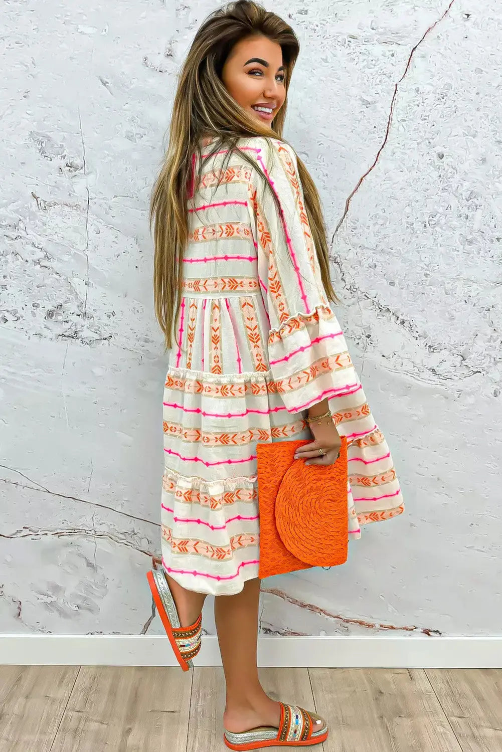 Orange Bohemian Printed Bracelet Sleeve Slit Neck Ruffled Loose Dress - eAura