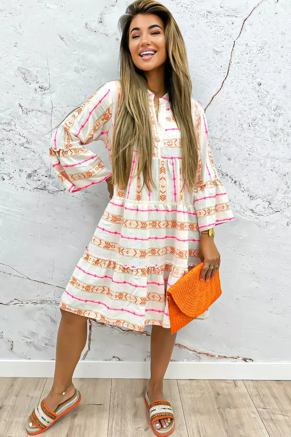 Orange Bohemian Printed Bracelet Sleeve Slit Neck Ruffled Loose Dress - eAura