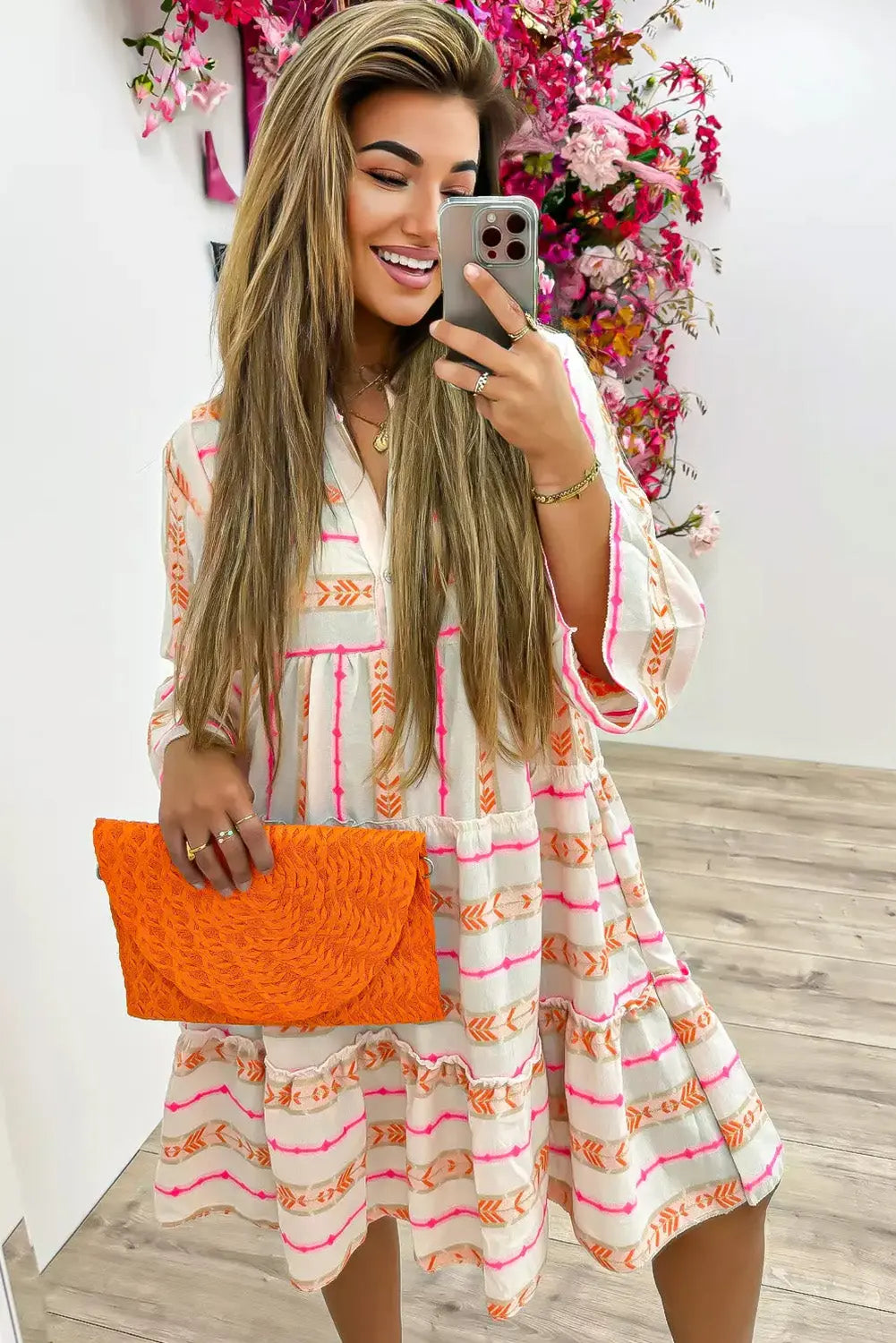 Orange Bohemian Printed Bracelet Sleeve Slit Neck Ruffled Loose Dress - eAura