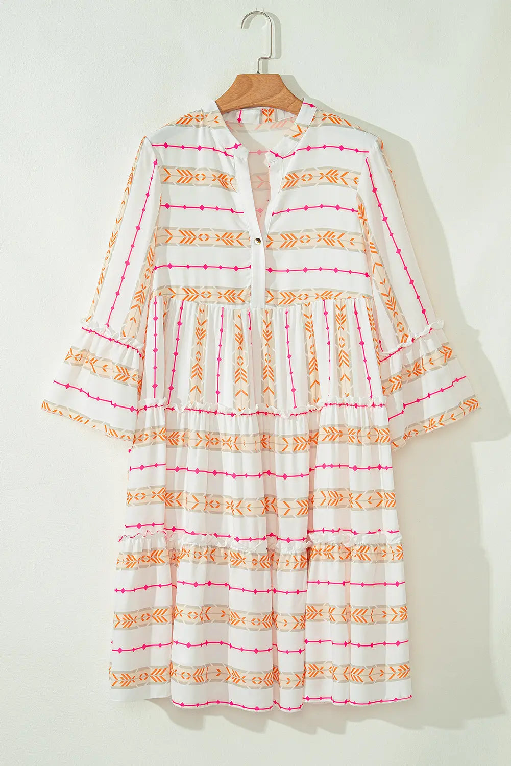 Orange Bohemian Printed Bracelet Sleeve Slit Neck Ruffled Loose Dress - eAura