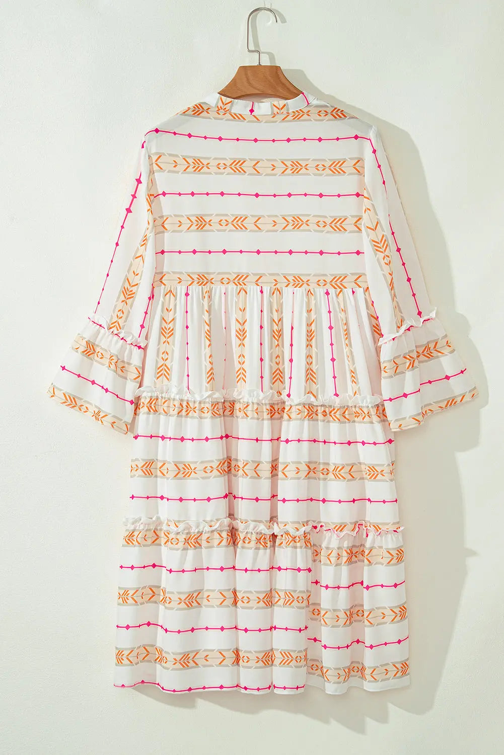 Orange Bohemian Printed Bracelet Sleeve Slit Neck Ruffled Loose Dress - eAura