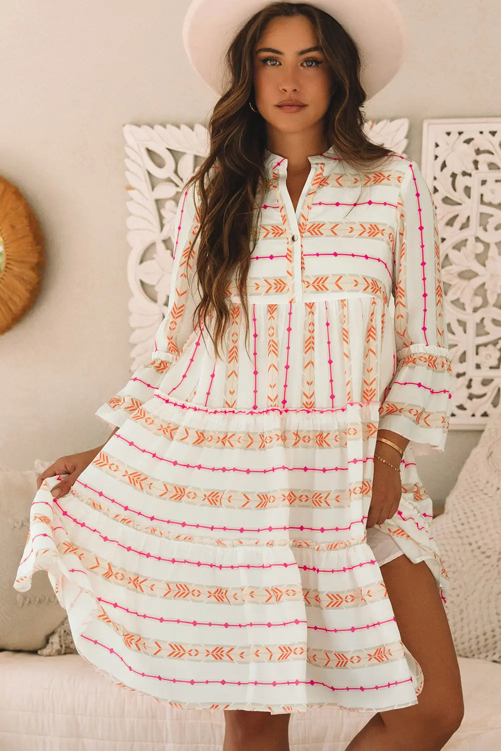 Orange Bohemian Printed Bracelet Sleeve Slit Neck Ruffled Loose Dress - eAura
