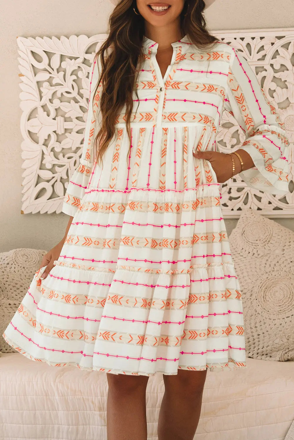 Orange Bohemian Printed Bracelet Sleeve Slit Neck Ruffled Loose Dress - eAura