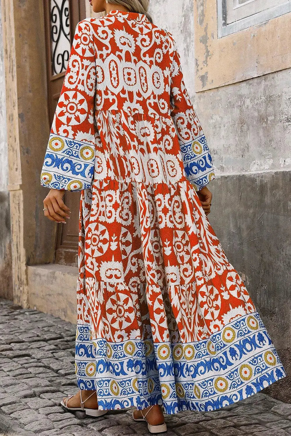 Orange Boho Geometric Printed Long Sleeve Maxi Dress Beagle Boutique Fashion Outlet