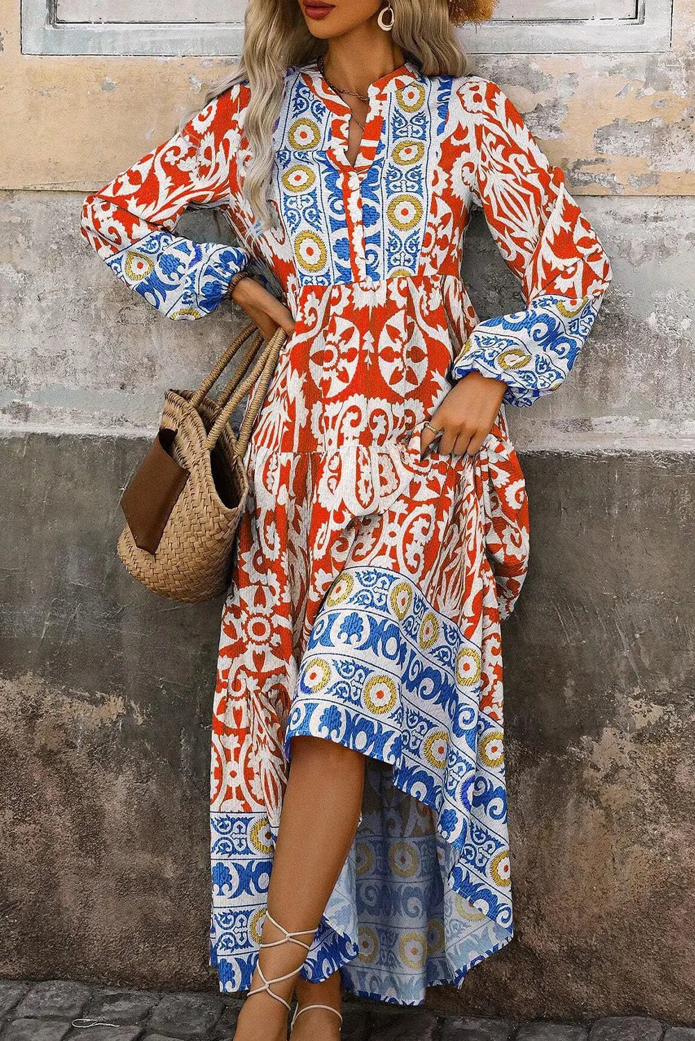 Orange Boho Geometric Printed Long Sleeve Maxi Dress Beagle Boutique Fashion Outlet