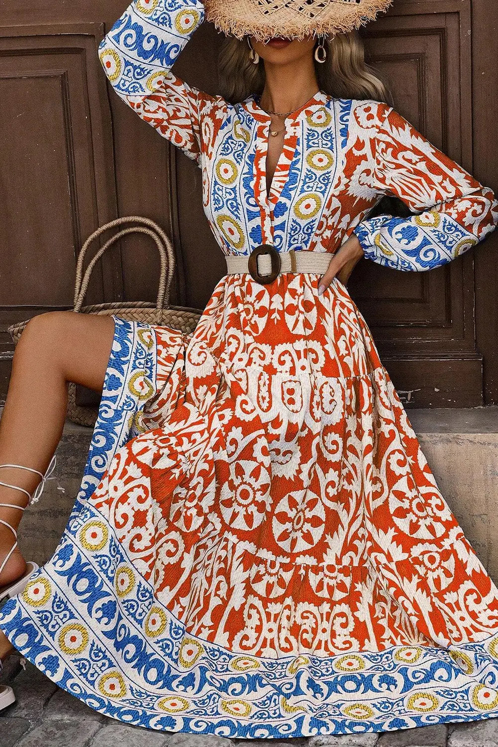 Orange Boho Geometric Printed Long Sleeve Maxi Dress eAura – eAura